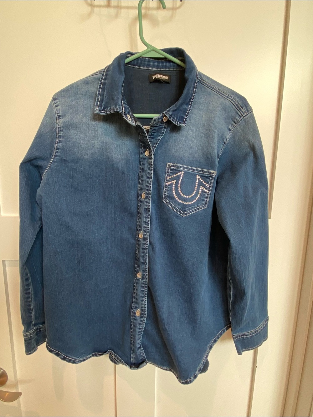 True Religion Women's Blue Denim Button-Down Shirt Coastal Granola - Picture 13 of 16